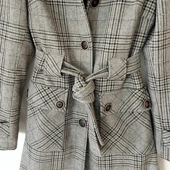 Vintage Y2K 90s Plaid Wool Coat Academia 6 Small Preppy Trench Lined Equestrian - Picture 4 of 11